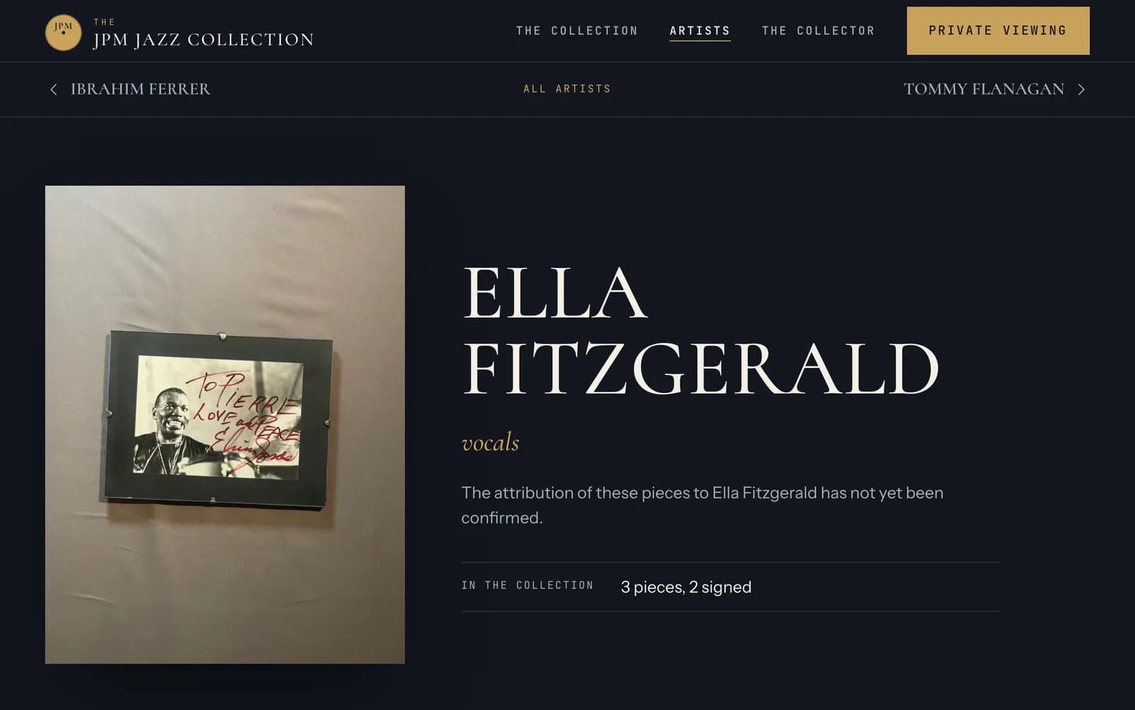 Een artiestenpagina met de stukken van die artiest in de collectie
